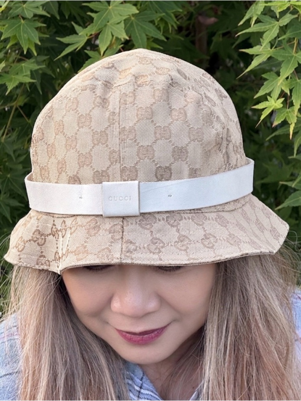 Gucci Monogram Bucket Hat with White Leather Trim